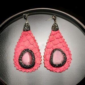 Artisan Hot Pink Leather Scaled Design Hematite Stone Exaggerated Earrings